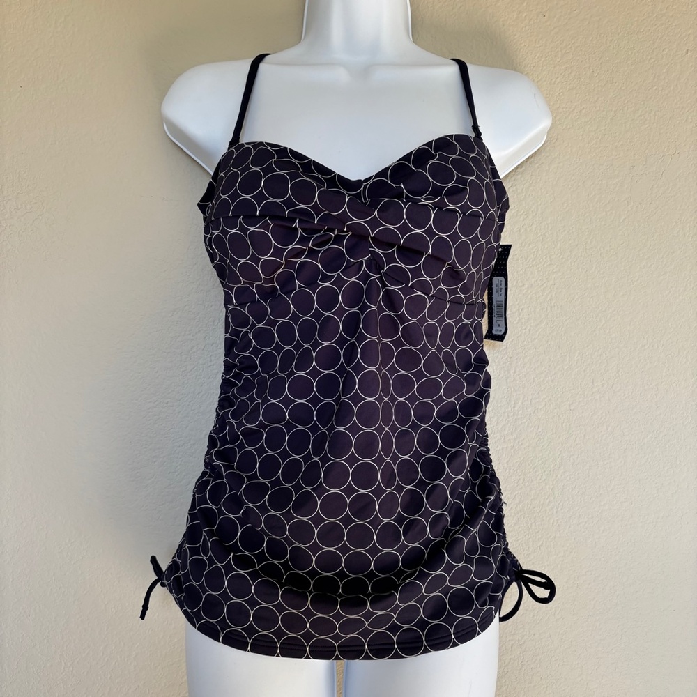 DownEast Swim Tankini Top Navy Ruched Sides Rings Circles Women's Size M NWT